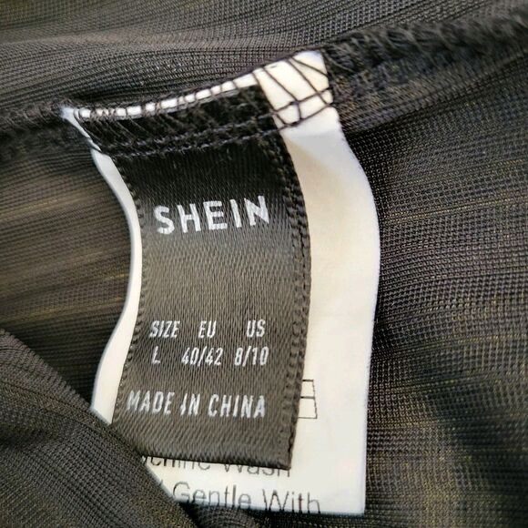 Womens Rib Velvet Dress Size L 8 Black Shein Long Sleeve Crew Neck Cinch Waist - Picture 3 of 9